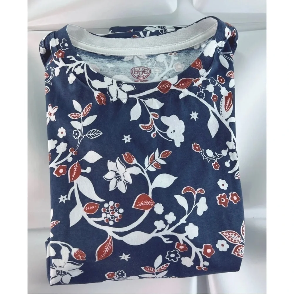 Tory Burch Womens Sz S Blue Floral Print Embroidered Logo Tee T-Shirt Top Blouse